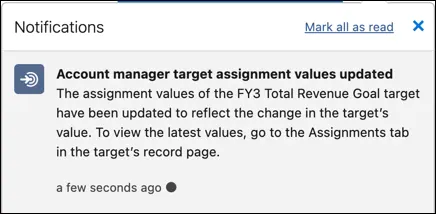 In-app notification showing that changes to the account manager target record have been propagated.