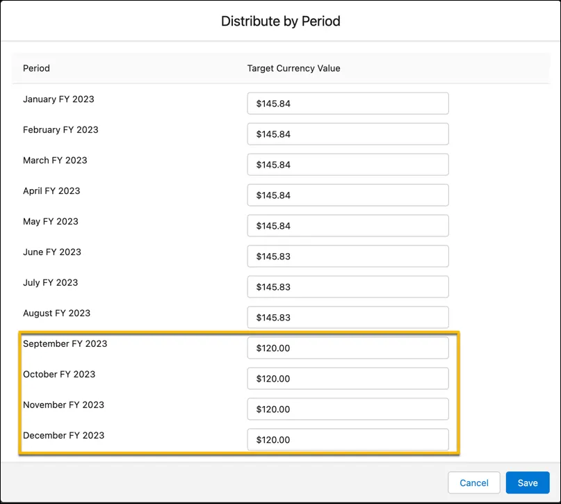 Account manager target split by product and then distributed across periods.