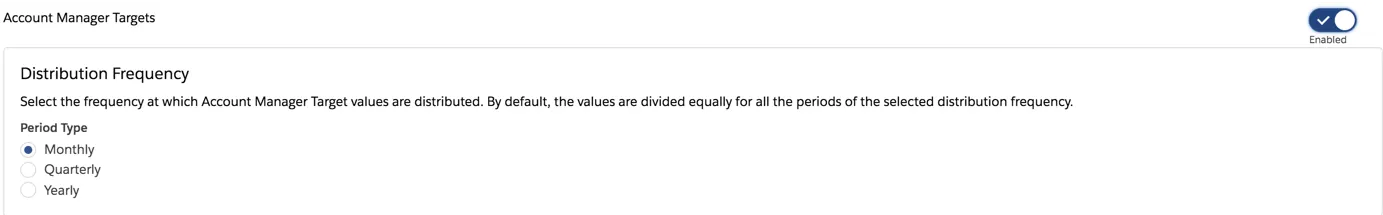 Image showing the setting on the Account Manager Targets page to select the distribution frequency for targets.