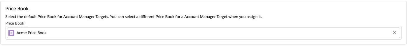 Setting on the Account Manager Targets page to select a default price book.