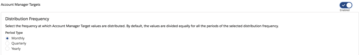 Image montrant le paramètre sur la page Objectifs du responsable de compte permettant de sélectionner la fréquence de distribution des objectifs.