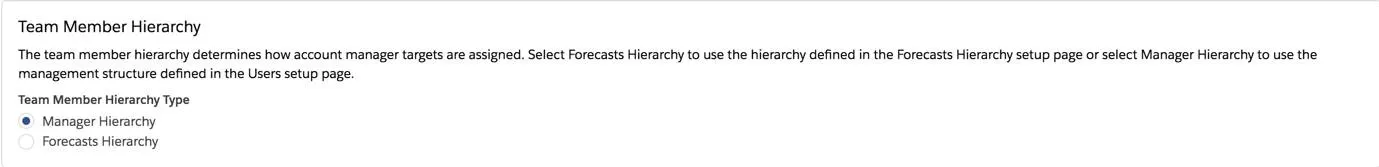 Configuração na página Metas do gerente de contas para selecionar a hierarquia dos membros da equipe.