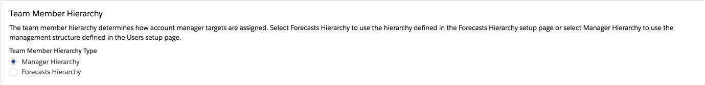 Configuração na página Metas do gerente de contas para selecionar a hierarquia dos membros da equipe.