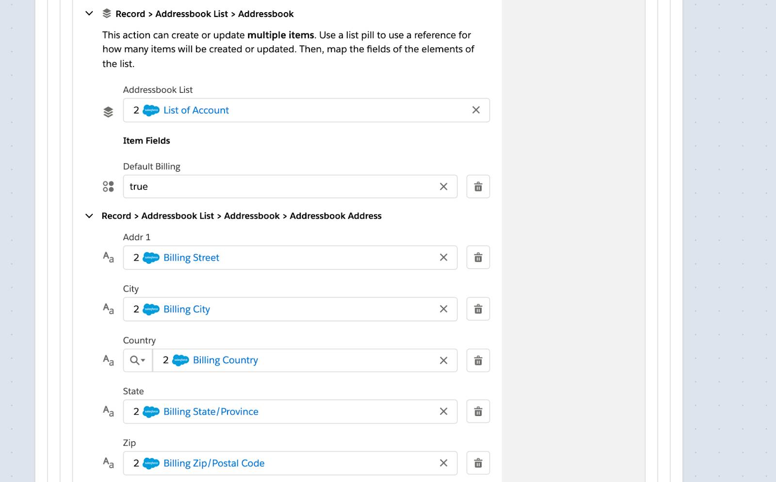 More of step 6 of flow to update the customer with fields such as addressbook list, default billing, address, city, state, zip, and country.