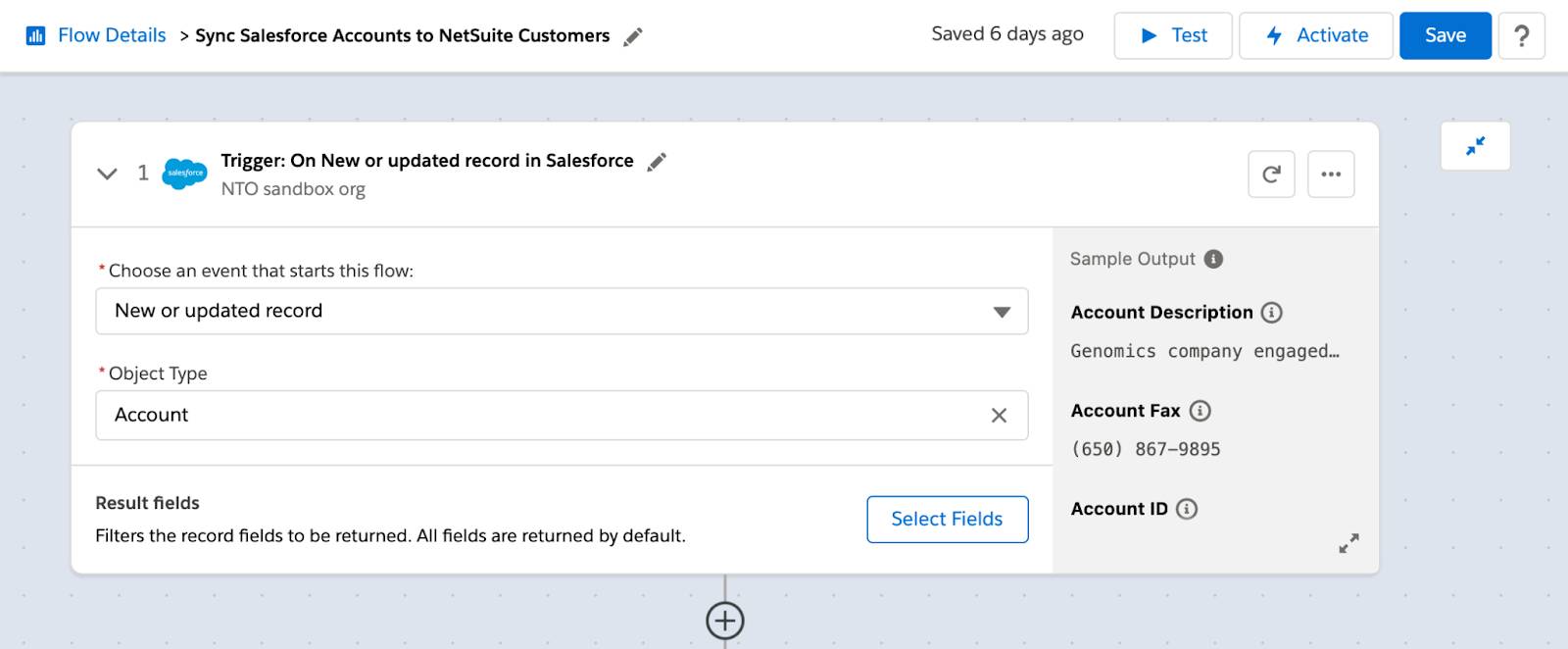 Step 1 of flow showing a new or updated account in Salesforce as the trigger.