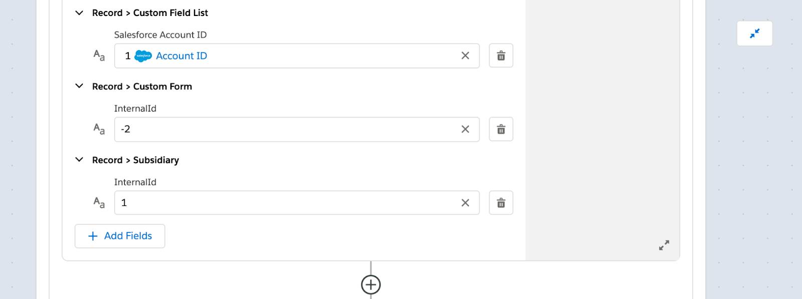 Rest of step 4 of flow to create a new customer with fields such as salesforce account ID, custom form internal ID, and subsidiary internal ID.