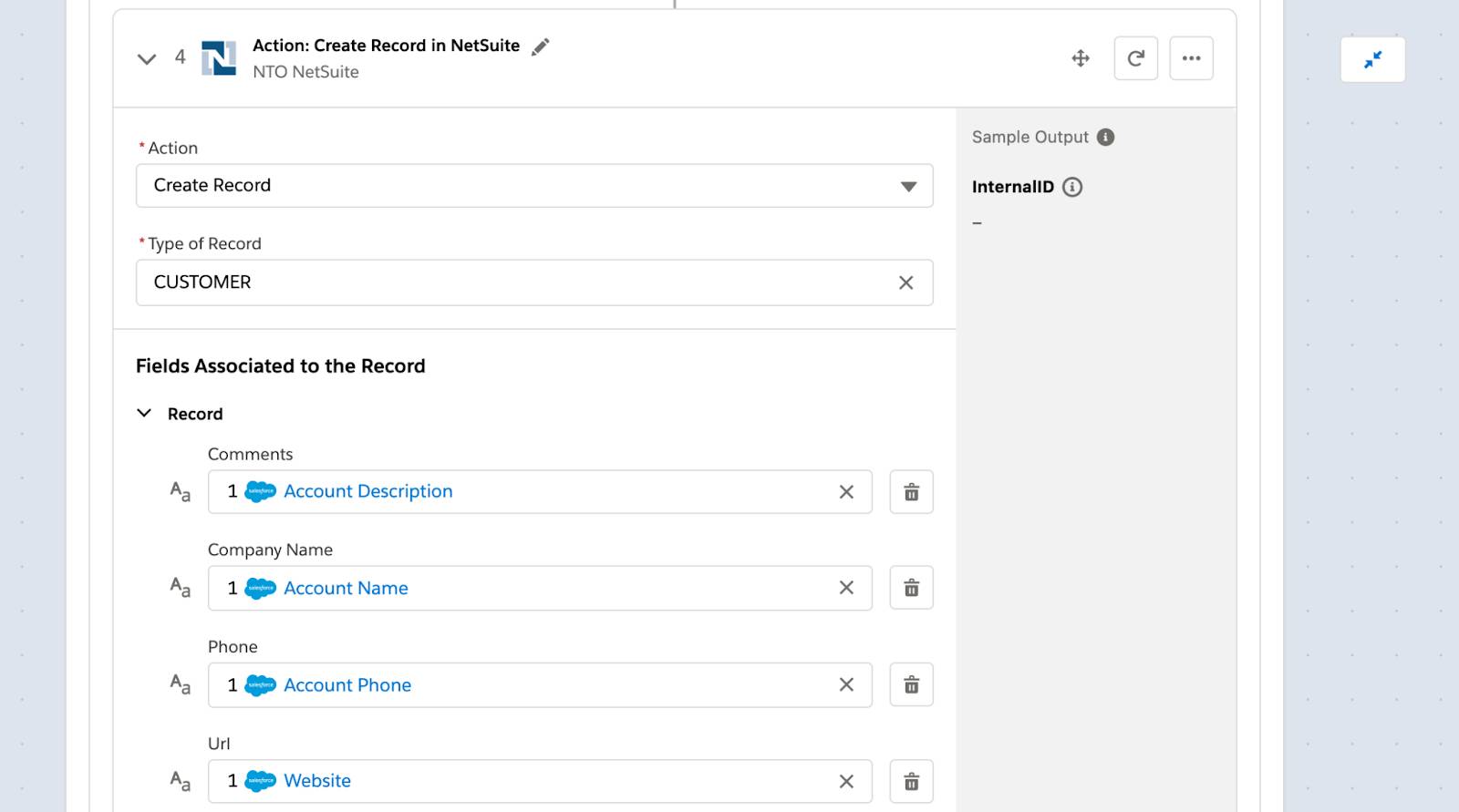 Step 4 of flow within If branch to create a new customer with fields such as company name, phone, and url.