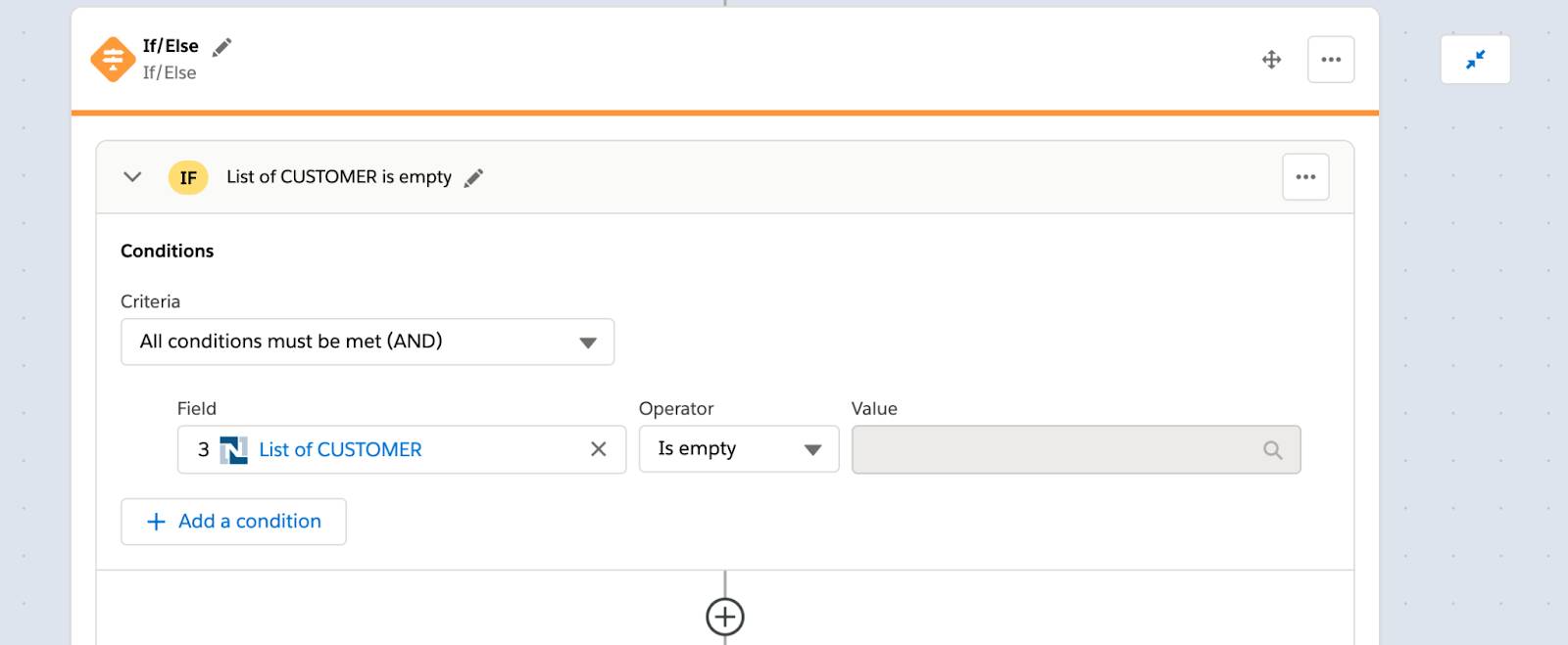 If/Else block with If branch showing condition that list of customers is empty.