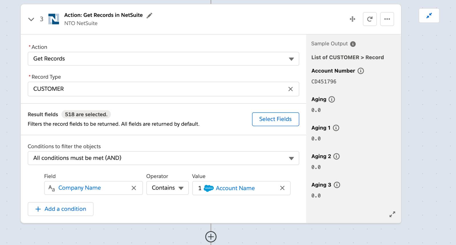 Step 3 of flow to get all customers with condition that company name must contain account name in step 1 of flow.