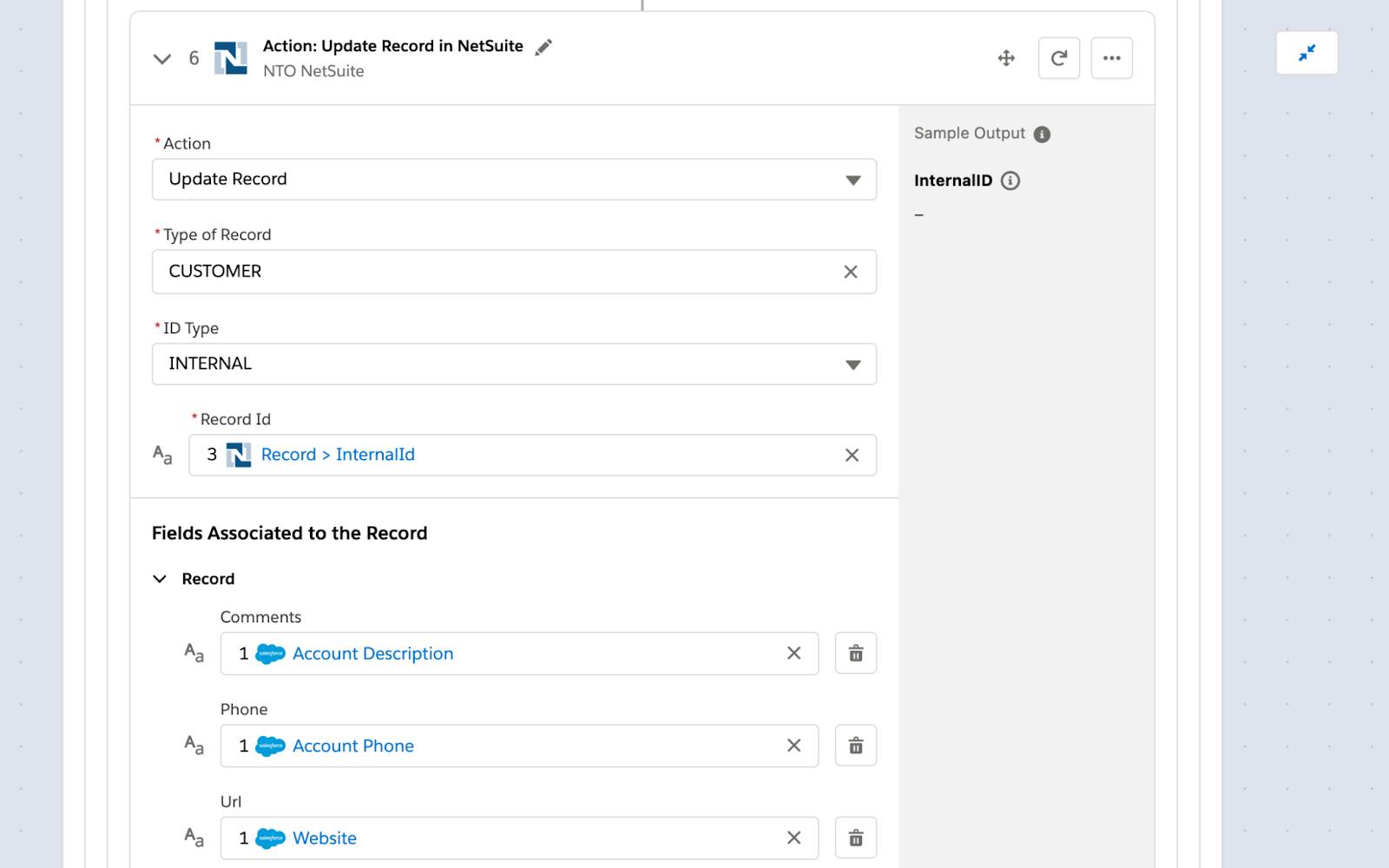 Step 6 of flow within For Each block to update the customer with fields such as comments, phone, and url.