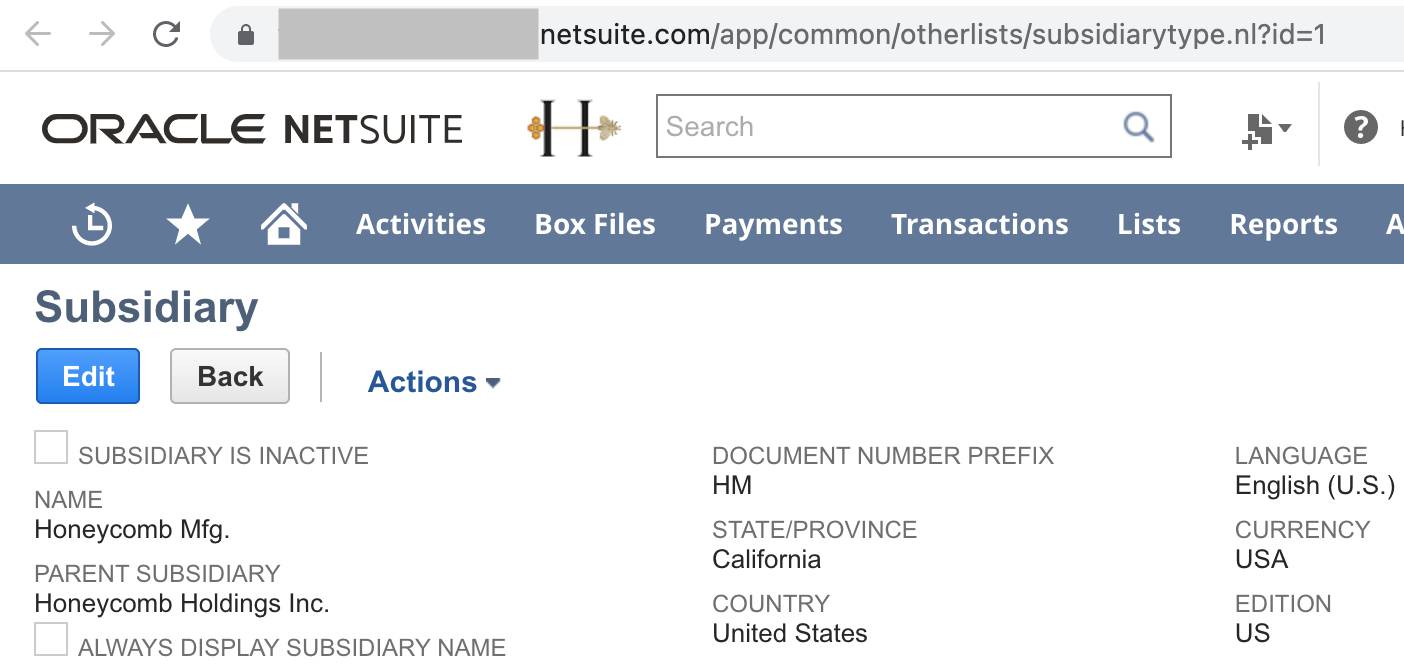 NetSuite Subsidiary page with URL showing ID=1, which is the internal ID of Honeycomb Mfg.