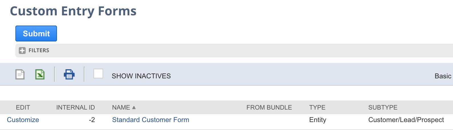 NetSuite Custom Entry Forms page showing -2 as internal ID of Standard Customer Form.