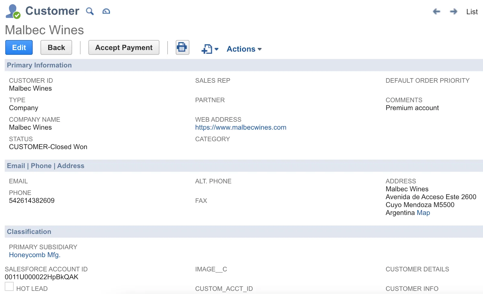 Malbec Wines customer showing Salesforce account ID.