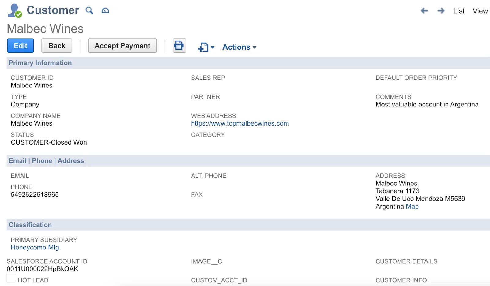 Malbec Wines customer in NetSuite showing updated account details.