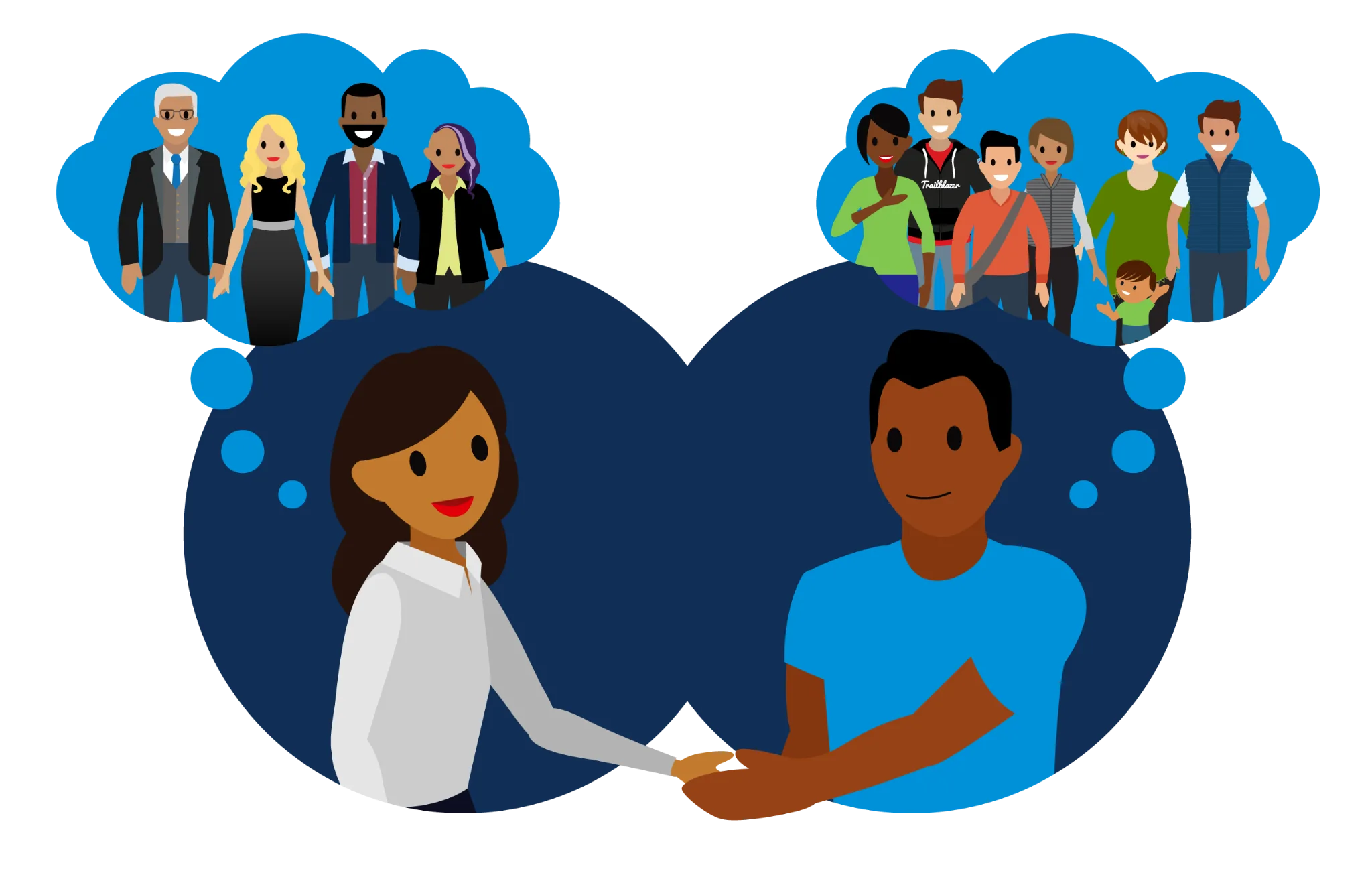 A business person and community member shaking hands, with both people thinking about how working together creates a positive impact.