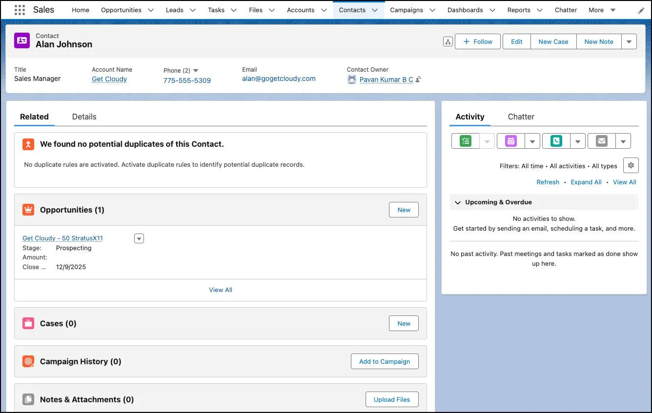 Alans Kontaktdatensatz in Salesforce