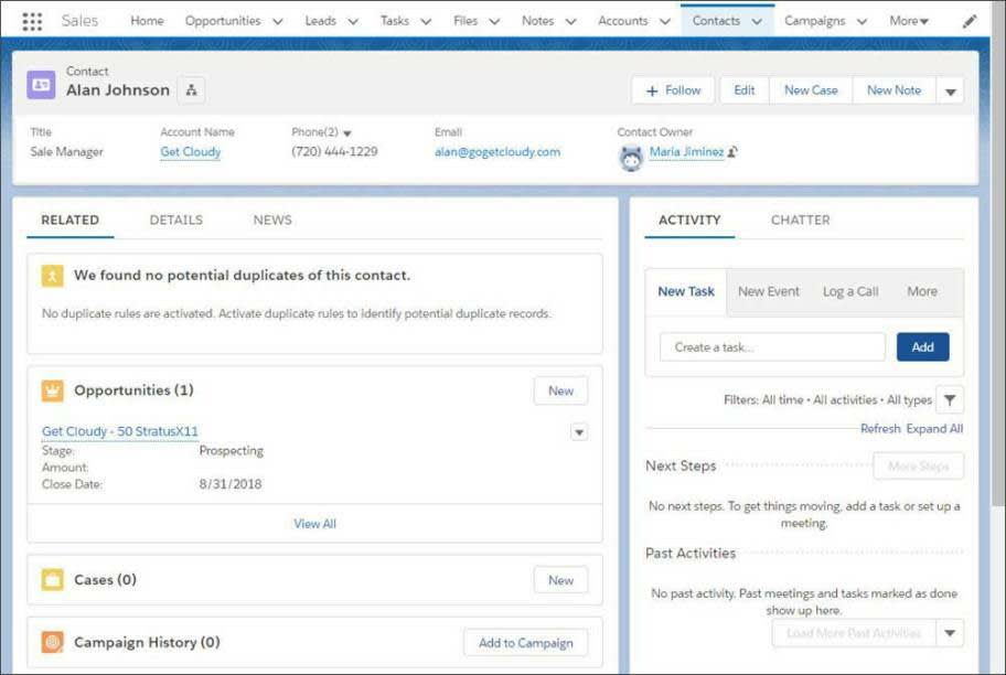 Il record referente di Alan in Salesforce.