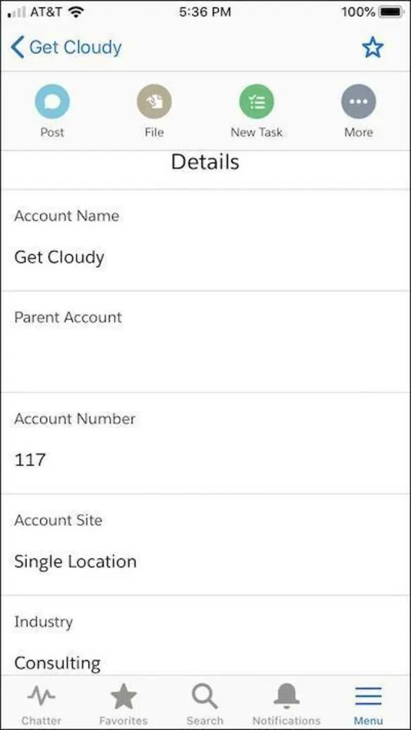 Il record dell'account di Get Cloudy visualizzato sullo schermo di un dispositivo mobile.