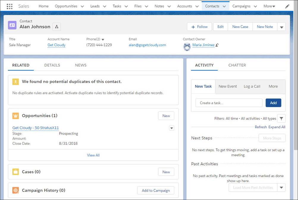 Registro de contato de Alan no Salesforce.