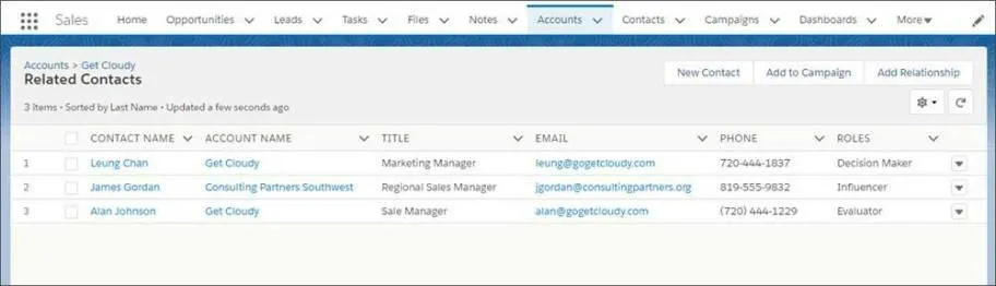 The Contacts to Multiple Accounts list shows both direct and indirect contacts for an account.