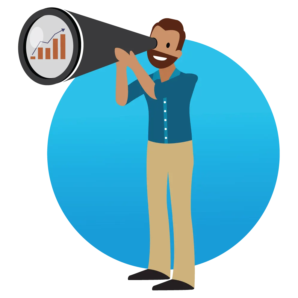 A sales leader looking through a spyglass with an upward-trending line graph in the lens