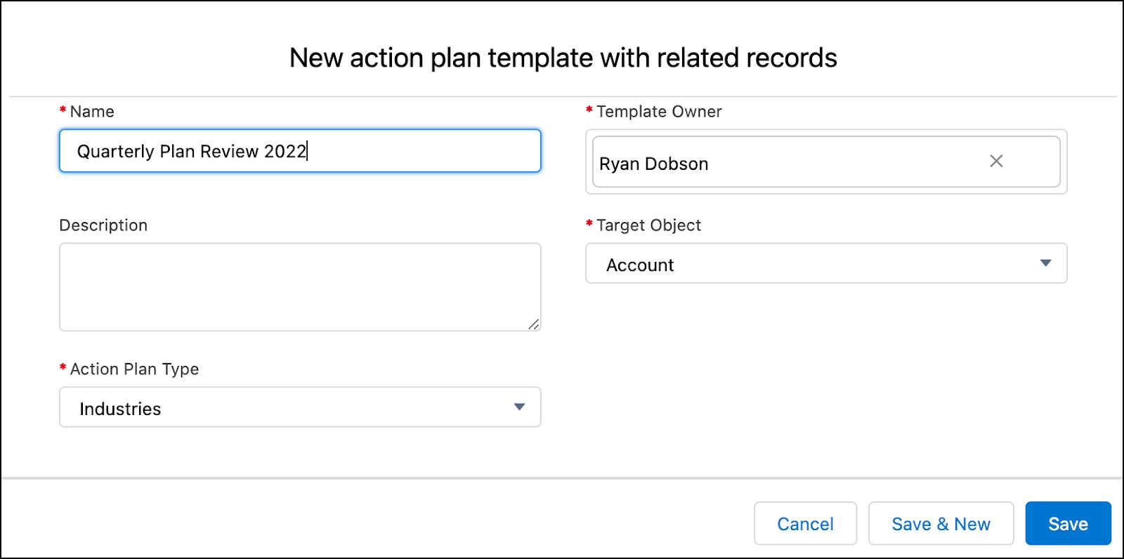 [New action plan template with related records (新規アクションプランテンプレートと関連レコード)] ウィンドウ。