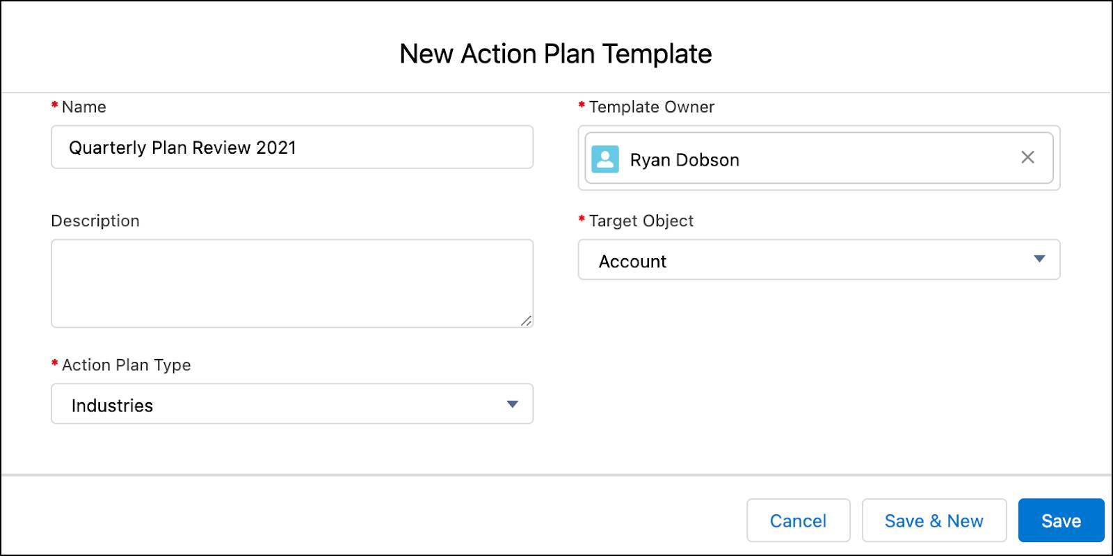The New Action Plan Template window.