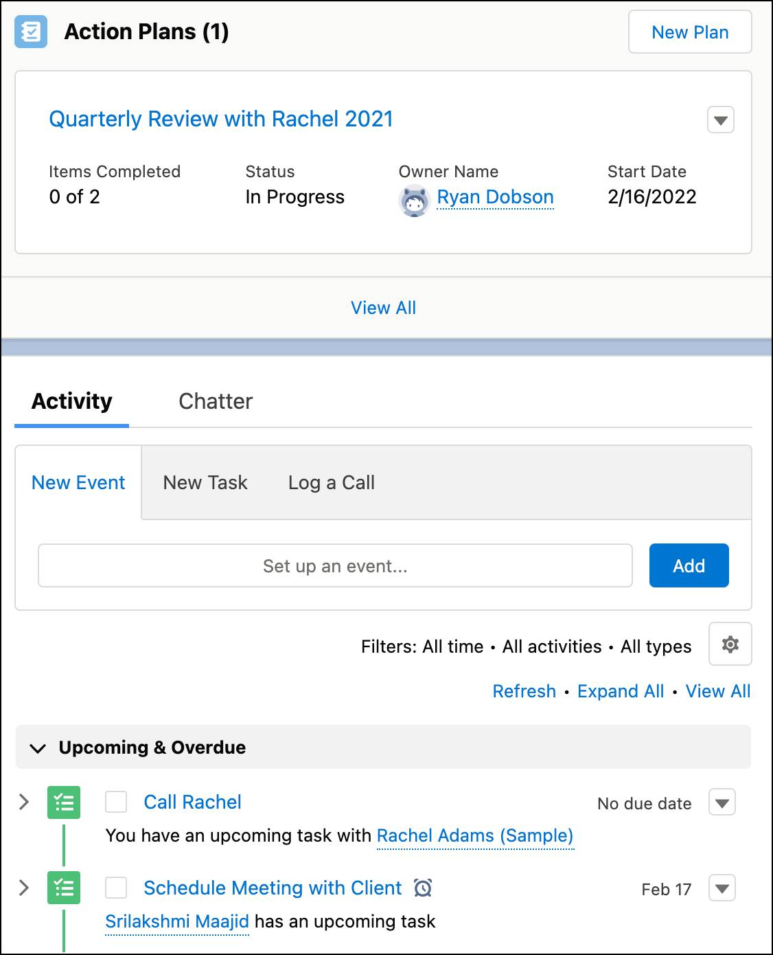 The Action Plans component in Rachel Adams’s account page showing a summarized view of the action plans for her. Rachel’s activity timeline shows a chronological listing of action plan tasks.