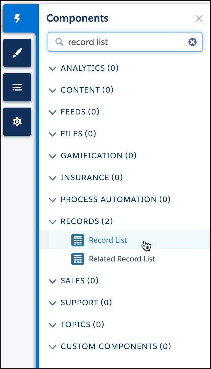 The Components panel with Record List component selected.