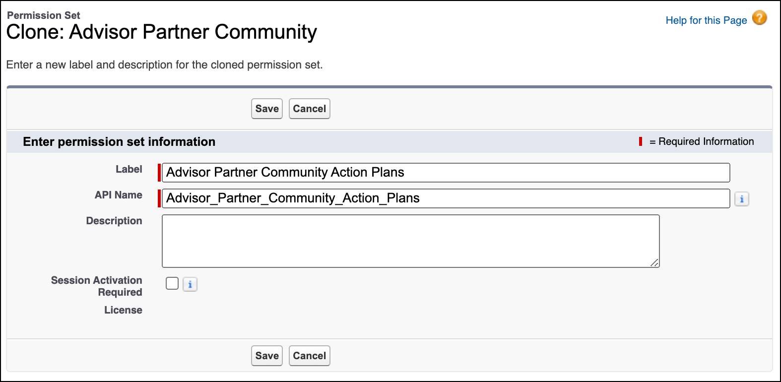 The cloning page for the Advisor Partner Community permission set.