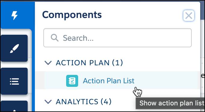 [アクションプランリスト] が選択されている [コンポーネント] メニュー。