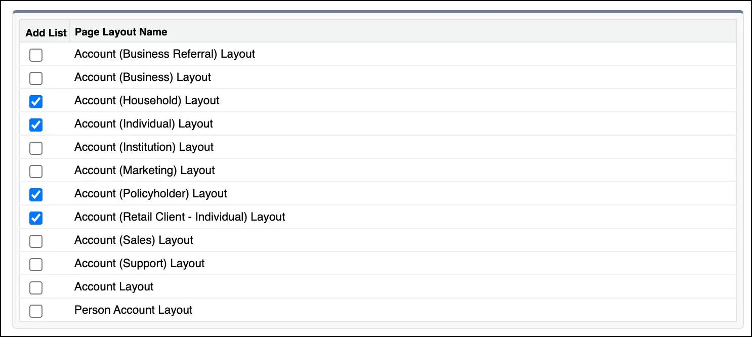 The Page Layout Selection page for Account Team with layouts household, individual, policyholder, and retail client selected.