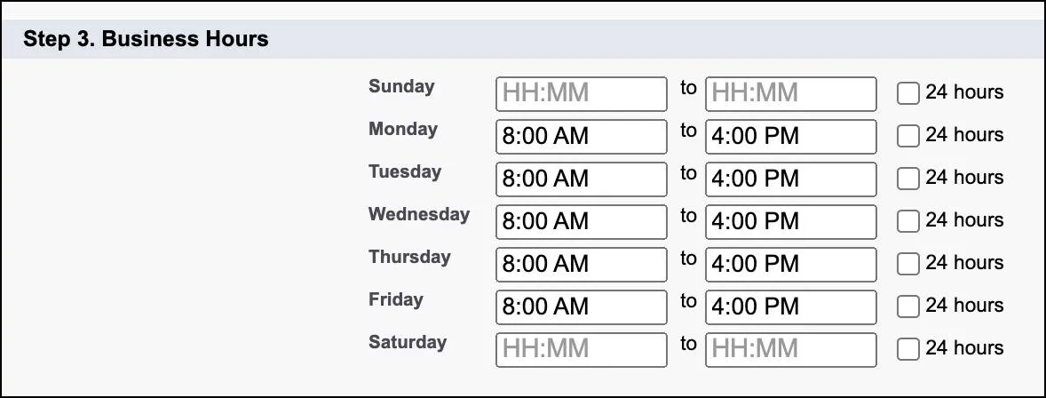 Business Hours section with start and end times set for Monday until Saturday.