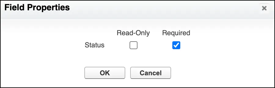 The Field Properties window with the Required checkbox selected.