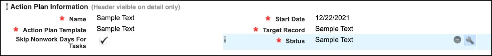 Section Informations sur le plan d’action avec le champ Statut en surbrillance.