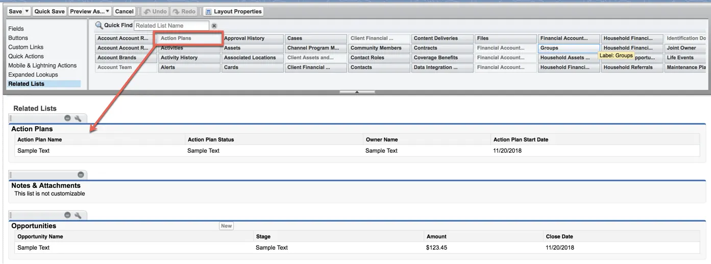 The Action Plans related list added to the Account object page layout.