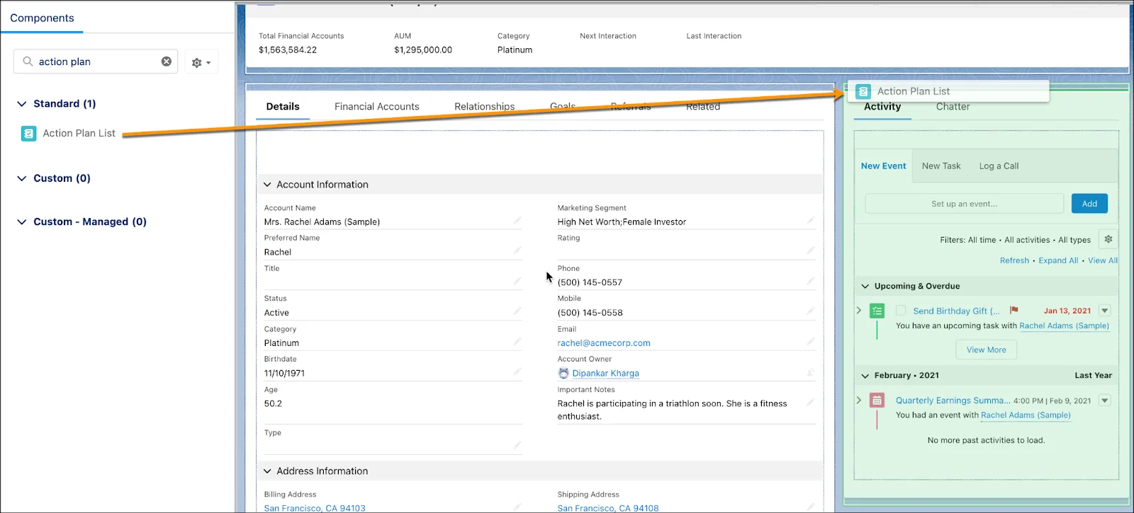 The Lightning App Builder page with the Action Plan List component added to the account record page.