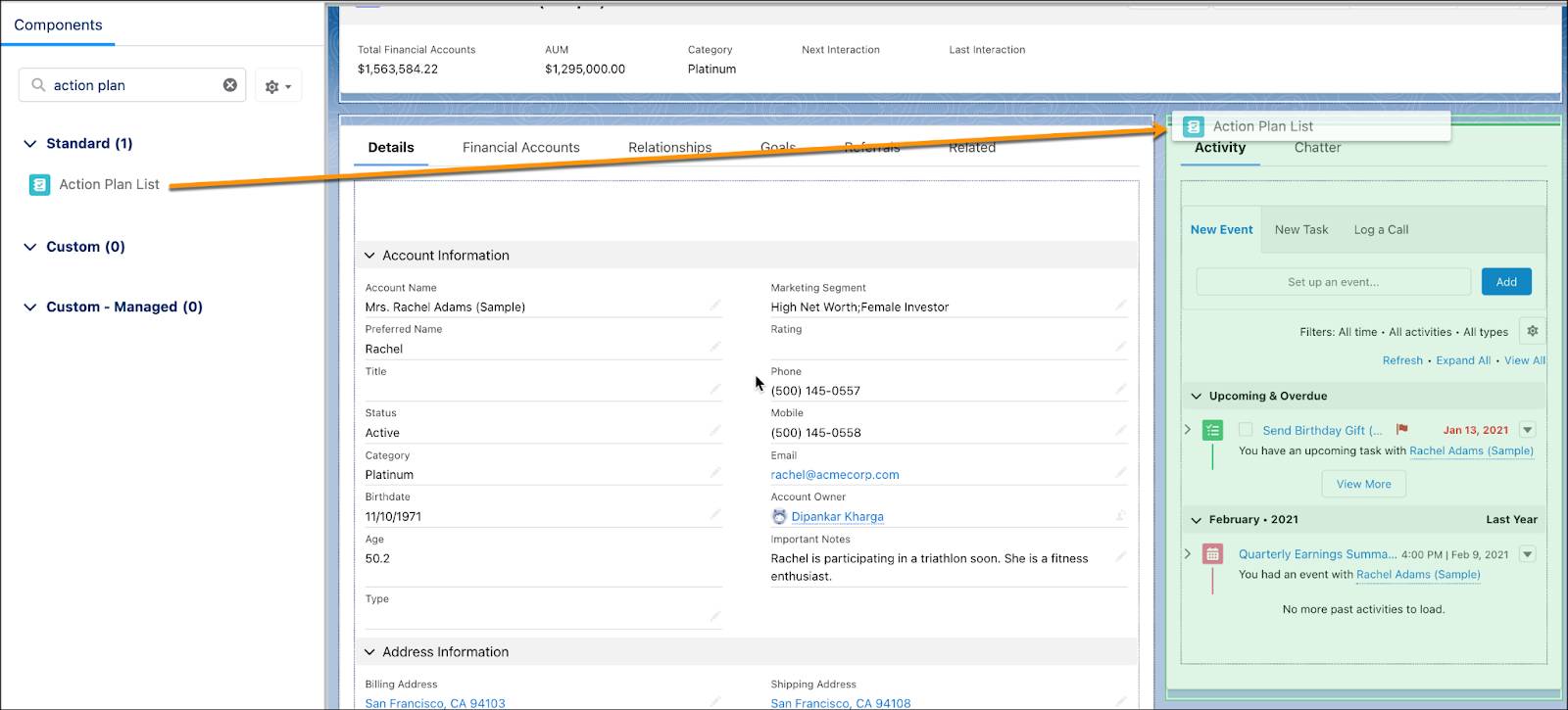 La page du générateur d’application Lightning avec le composant Liste des plans d’action ajouté à la page d’enregistrement de compte.