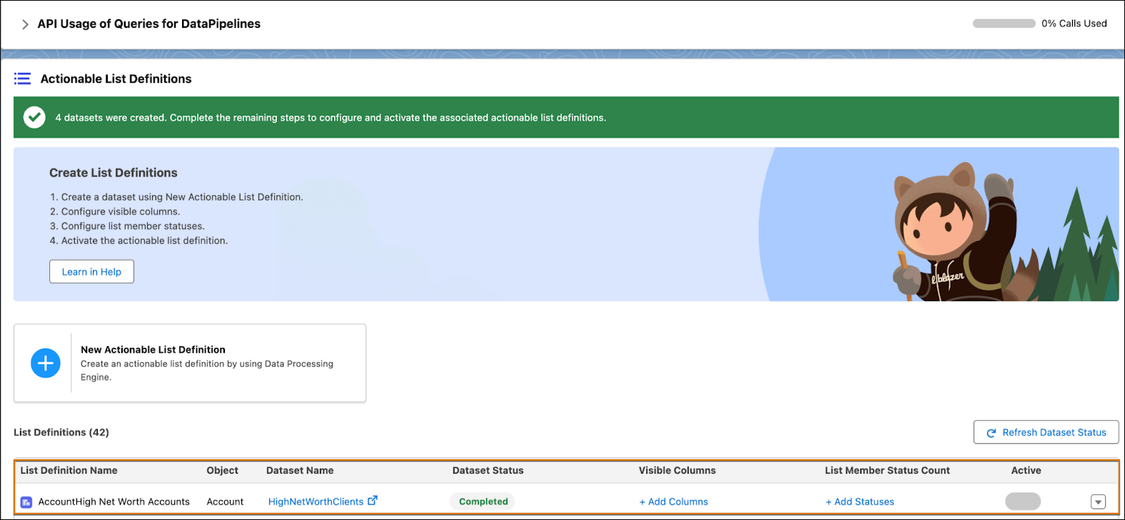The new actionable list definition and its associated dataset name and status.
