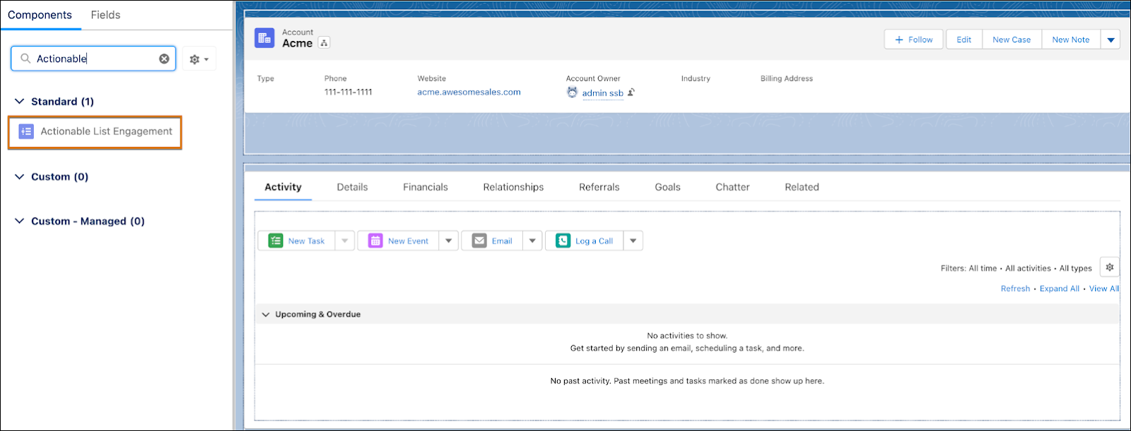 The Actionable List Engagement component on an account page.