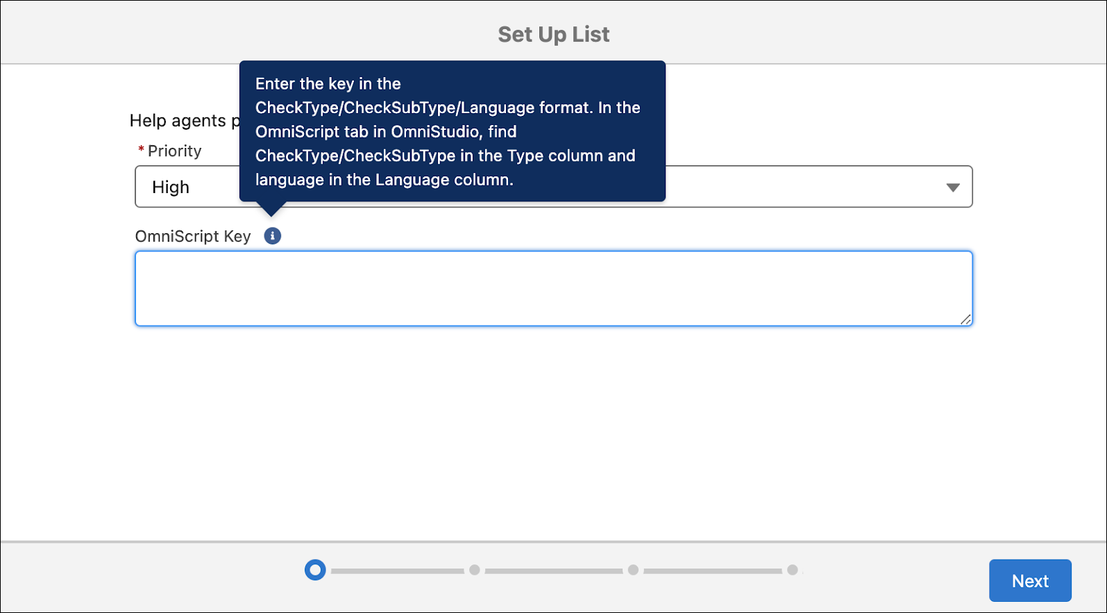The Set Up List window with Priority and OmniScript Key fields.
