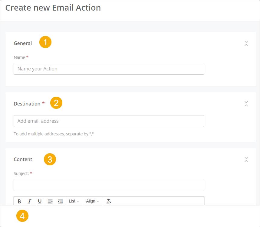 Create new email action screen with name, destination, and content highlighted