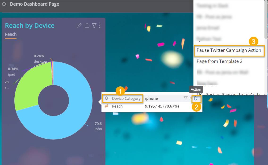 Página del panel abierta donde se muestra cómo desencadenar una acción al pasar el cursor sobre los datos del widget y hacer clic en el icono de la acción