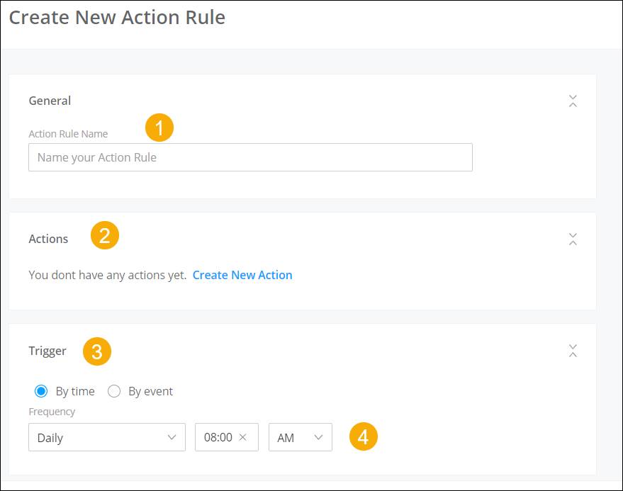 番号が付けられた [Create New Action Rule (新しいアクションルールの作成)] 画面