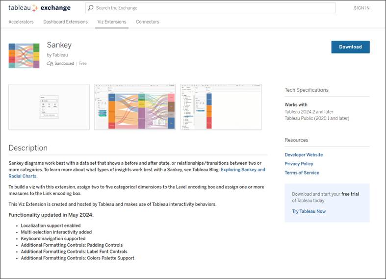 Tableau Exchange Sankey Viz Extension description page.