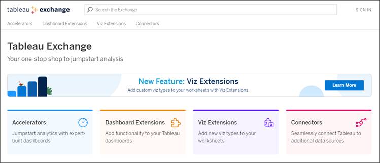 Tableau Exchange home page with boxes for Accelerators, Dashboard Extensions, Viz Extensions, and Connectors.