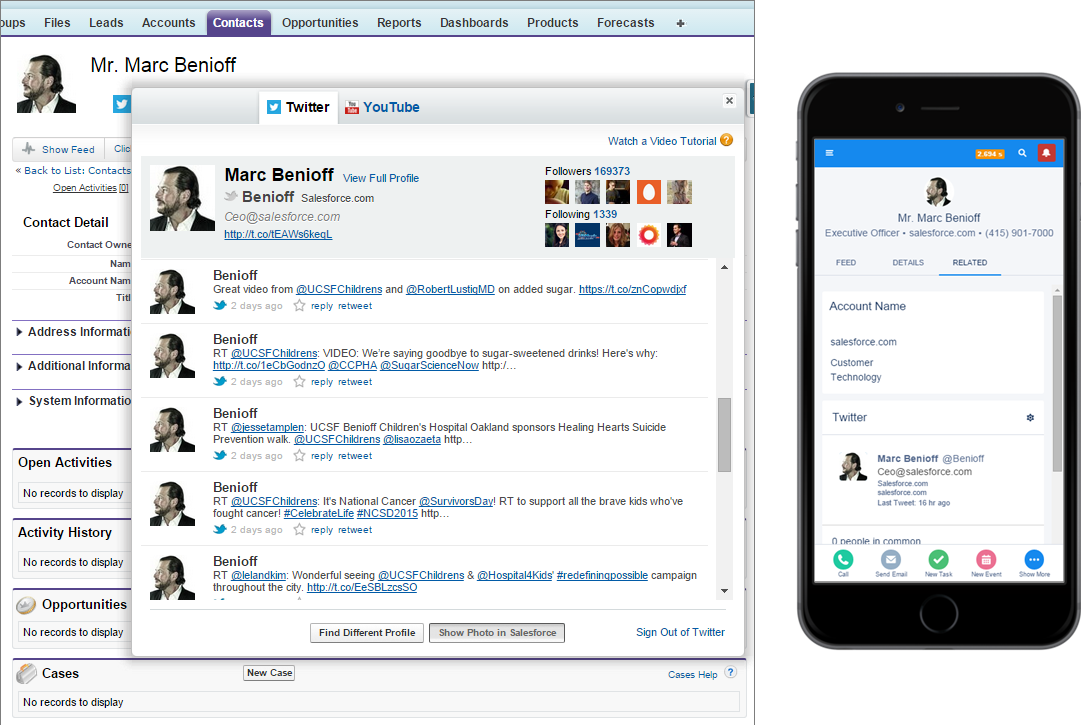 デスクトップおよびモバイルデバイスの Salesforce で Twitter を並べて比較する