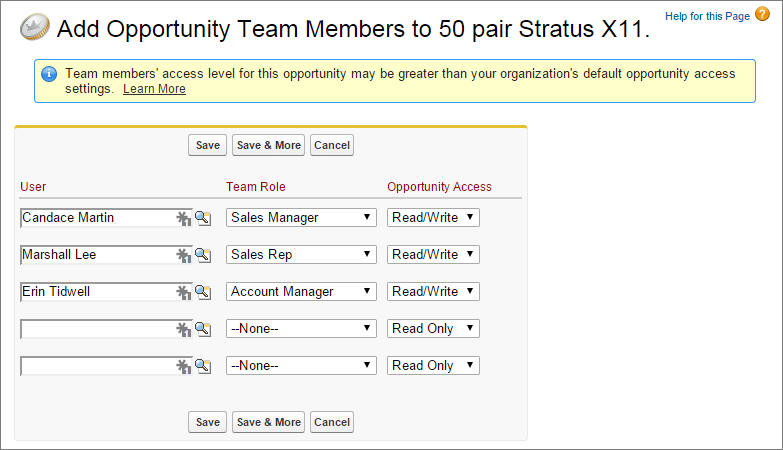 Ein Screenshot der Seite zum Hinzufügen von Mitgliedern zum Opportunity-Team