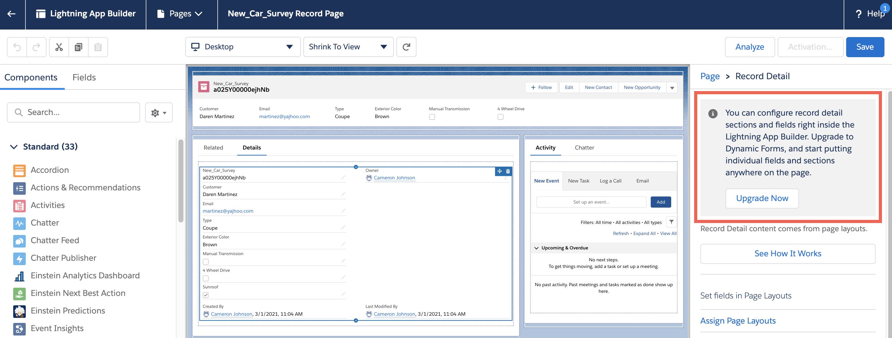 Dynamic Forms upgrade button in Lightning App Builder.