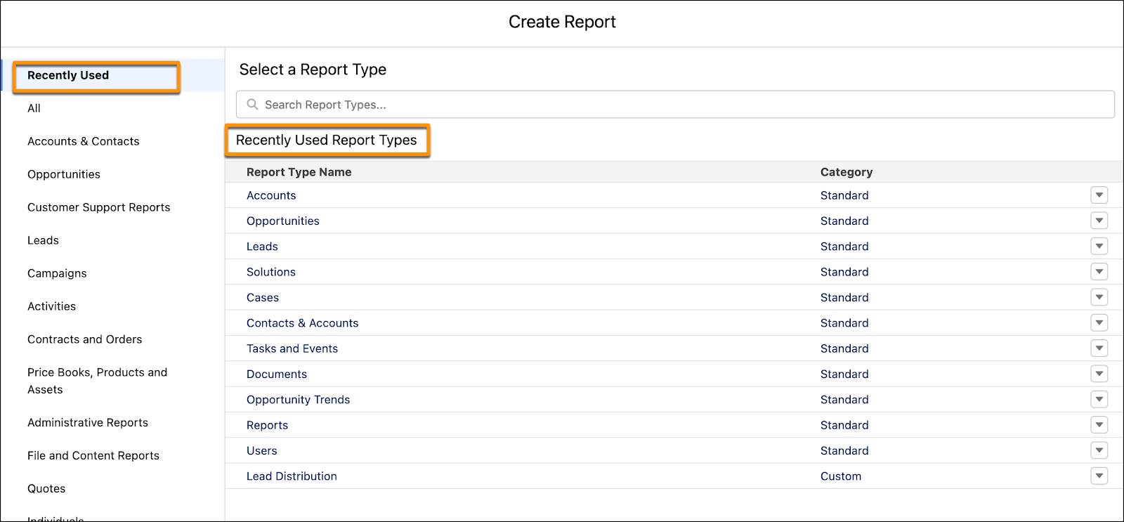 Create New Report window showing recommended report types